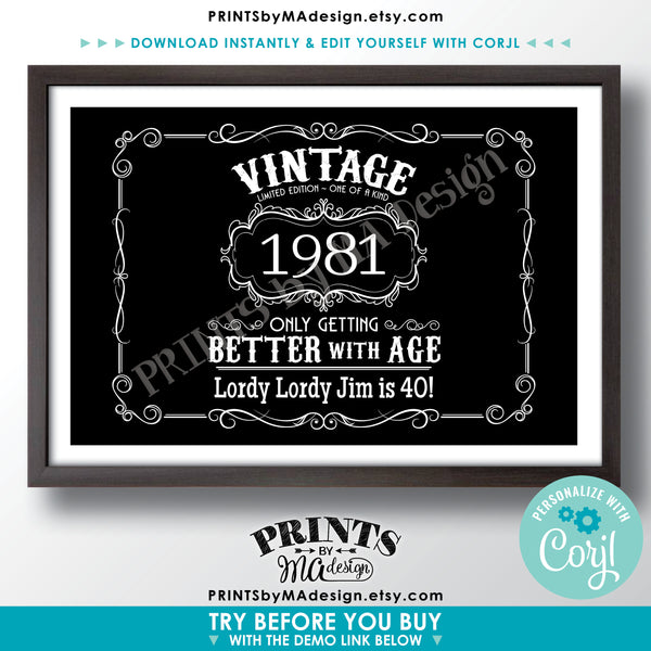 Vintage Birthday Sign, Better with Age Liquor Themed Bday Party, One Custom PRINTABLE 24x36” Sign, Black Background (Edit Yourself with Corjl)