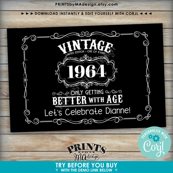 Vintage Birthday Sign, Better with Age Liquor Themed Bday Party, One Custom PRINTABLE 24x36” Sign, Black Background (Edit Yourself with Corjl)