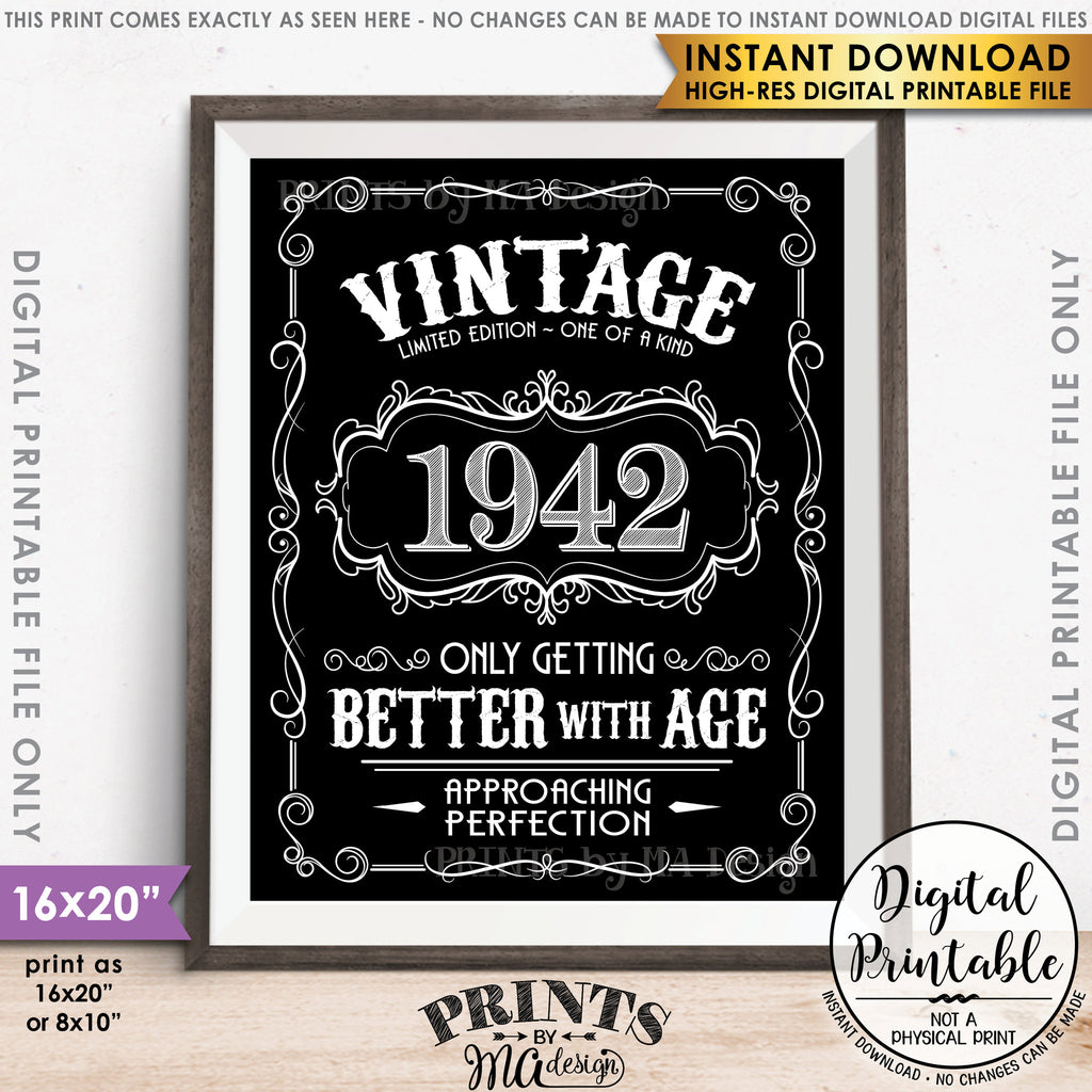 1942 Birthday Sign, Better with Age Vintage Birthday, Aged to Perfection, 8x10/16x20” Black & White Digital Printable File <Instant Download> - PRINTSbyMAdesign