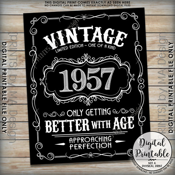1957 Birthday Sign, Aged to Perfection Poster, Vintage Birthday, Better with Age, 8x10/16x20” Black & White Instant Download Digital Printable File - PRINTSbyMAdesign