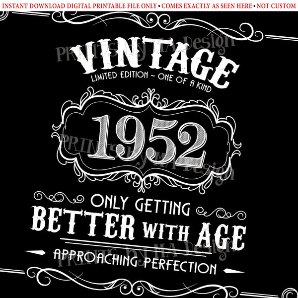 1952 Birthday Sign, Vintage Better with Age Poster, Whiskey Theme Black & White PRINTABLE 24x36” Landscape 1952 Sign, Instant Download Digital Printable File