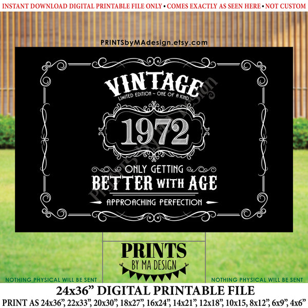 1972 Birthday Sign, Vintage Better with Age Poster, Whiskey Theme Black & White PRINTABLE 24x36” Landscape 1972 Sign, Instant Download Digital Printable File