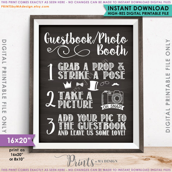 Guestbook Photobooth Sign, Chalkboard Style Guestbook Photo Booth Sign Our Guest Book, 8x10/16x20" Printable Sign - PRINTSbyMAdesign