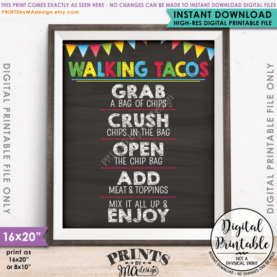 Walking Tacos Sign, Taco Bar, Fiesta Taco Sign, Cinco de Mayo, Sweet Sixteen Birthday Party, Graduation Party, 8x10/16x20” Chalkboard Style Printable Sign <Instant Download> - PRINTSbyMAdesign