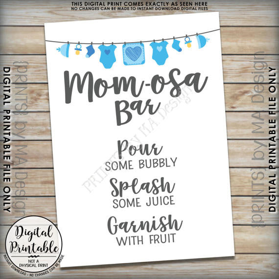 Mom-osa Bar Sign, MOMosa Sign, Mimosa Baby Shower, Make a Mimosa Decor, Preggatini, Blue 5x7” Printable <Instant Download> - PRINTSbyMAdesign