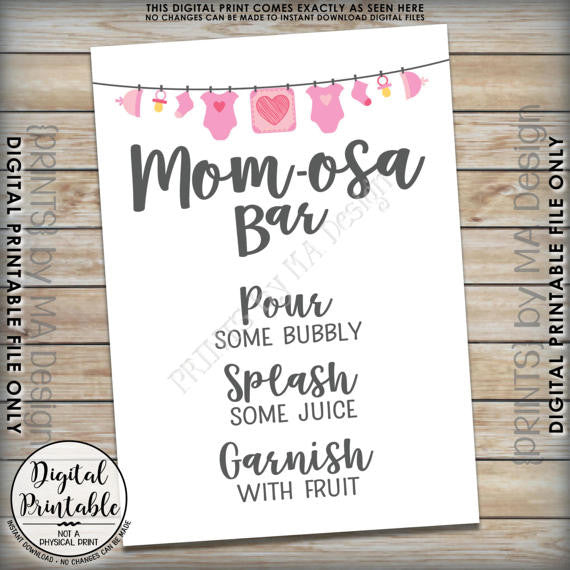 Mom-osa Bar Sign, MOMosa Sign, Mimosa Baby Shower, Make a Mimosa Decor, Preggatini, Pink 5x7” Printable <Instant Download> - PRINTSbyMAdesign
