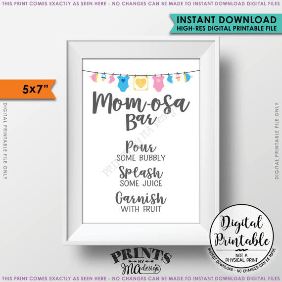 Mom-osa Bar Sign, MOMosa Sign, Mimosa Baby Shower, Make a Mimosa Decor, Preggatini, Gender Neutral 5x7” Printable <Instant Download> - PRINTSbyMAdesign