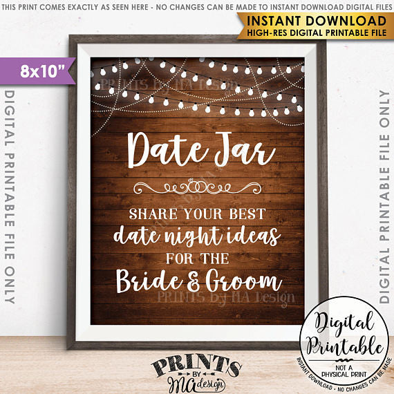 Date Jar Sign, Share your best Date Ideas with the Bride & Groom, Share Date Night Ideas, 8x10” Rustic Wood Style Printable Instant Download - PRINTSbyMAdesign