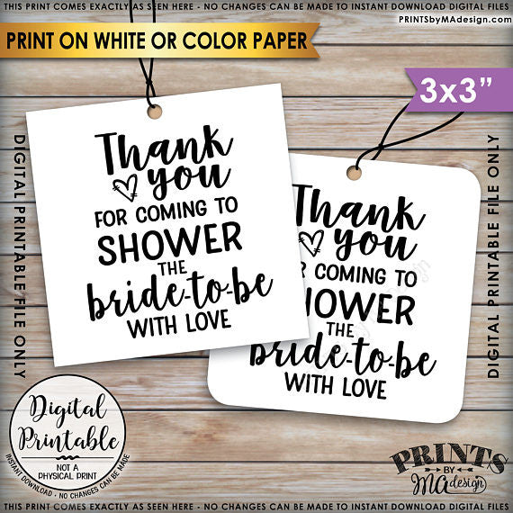 Bridal Shower Thank You Tags, Thank You for Coming to Shower the Bride-to-Be Bridal Shower Tags, 3x3" on 8.5x11" Printable Favor Tags <Instant Download> - PRINTSbyMAdesign