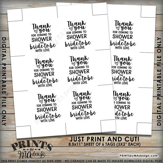 Bridal Shower Thank You Tags, Thank You for Coming to Shower the Bride-to-Be Bridal Shower Tags, 3x3" on 8.5x11" Printable Favor Tags <Instant Download> - PRINTSbyMAdesign