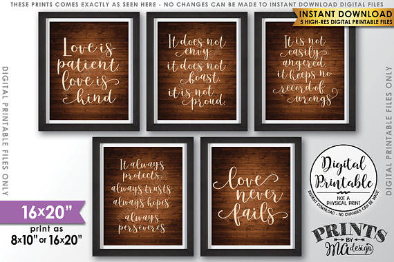 Love is Patient Love is Kind, Wedding Aisle, 1 Corinthians 13, Set of 5 Wedding Signs, 16x20” Rustic Wood Style Printable Signs<Instant Download> - PRINTSbyMAdesign