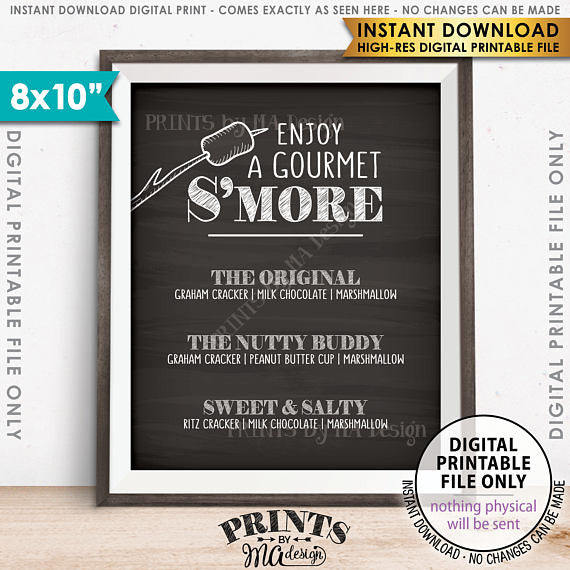 S'more Menu, Enjoy a Gourmet Smore Sign, S'more Sign, Smores Menu, Gourmet Smore Bar, 8x10” Chalkboard Style Printable Sign <Instant Download> - PRINTSbyMAdesign