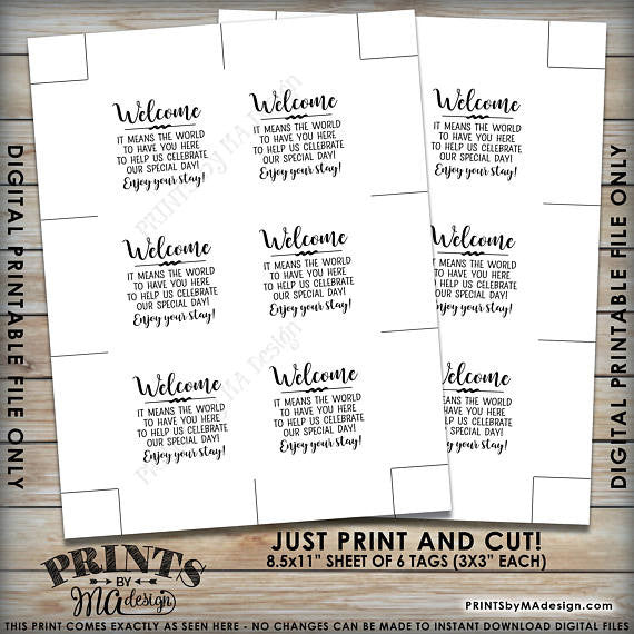 Wedding Tags, Destination Wedding Welcome Bag Tags, Out of Town Guests Hotel Gift, 3x3" on 8.5x11" Printable Favor Tags <Instant Download> - PRINTSbyMAdesign