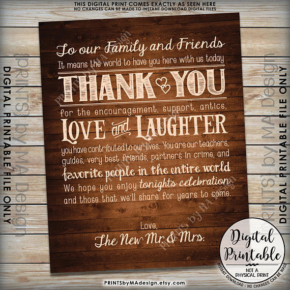 Wedding Thank You Sign, Thanks Chalkboard Wedding Poster, Thank family & friends, 8x10/16x20” Brown Rustic Wood Style Printable <Instant Download> - PRINTSbyMAdesign