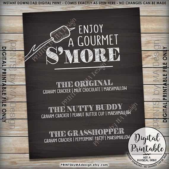 S'more Menu, Enjoy a Gourmet Smore Sign, S'more Sign, Smores Menu, Gourmet Smore Bar, 8x10” Chalkboard Style Printable Sign <Instant Download> - PRINTSbyMAdesign
