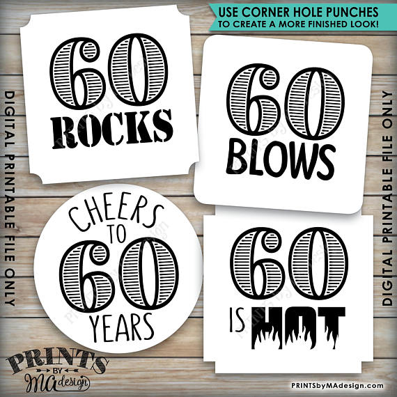 60th Birthday Party Candy Signs, 60th Candy Bar, 60 Sucks, 60 Blows, 60 Rocks, 60 can Kiss It, Cheers to 60 years, 60 is Hot, Square 3x3" tags on 8.5x11" PRINTABLE <Instant Download> - PRINTSbyMAdesign