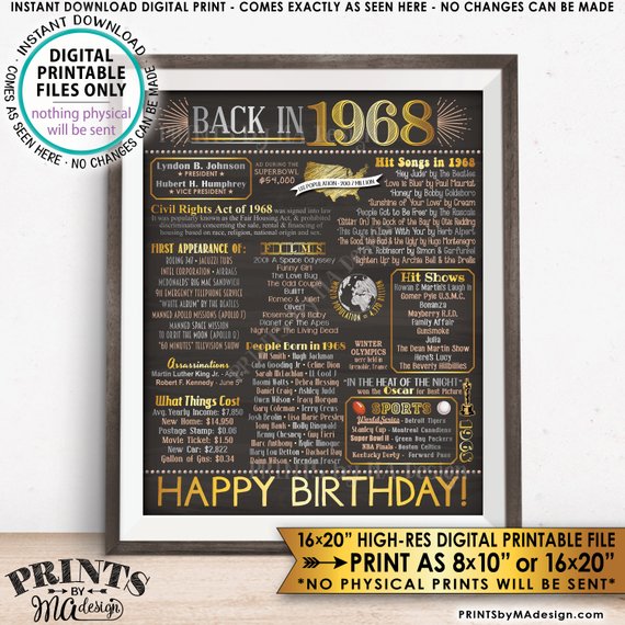 1968 Flashback Poster, Birthday Flashback to 1968 USA History Back in 1968, Birthday, Gold, Instant Download PRINTABLE 8x10/16x20” Chalkboard Style Sign - PRINTSbyMAdesign