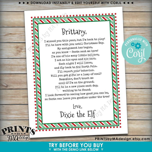 Christmas Elf is Back Letter, The Elf has Returned, I'm Back!, Elf Welcome Back, Create One Custom PRINTABLE 8.5x11" Digital File (Edit Yourself with Corjl) - PRINTSbyMAdesign