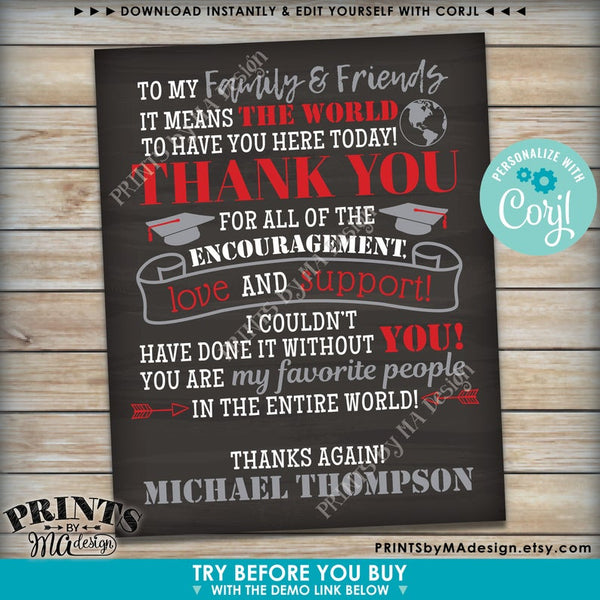 Graduation Party Thank You Sign, Thanks from the Graduate Poster, Editable PRINTABLE Chalkboard Style Grad Decoration (Edit Yourself with Corjl) - PRINTSbyMAdesign