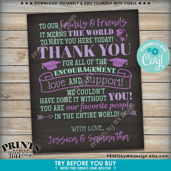 Graduation Party Thank You Sign, Thanks from the Graduates, Editable PRINTABLE Chalkboard Style Grads Decor (Edit Yourself with Corjl) - PRINTSbyMAdesign