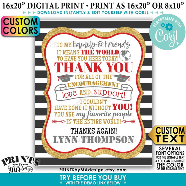 Graduation Party Thank You Sign, Thanks from the Graduate, Gold Glitter PRINTABLE 8x10/16x20" Grad Party Decoration  (Edit Yourself with Corjl) - PRINTSbyMAdesign