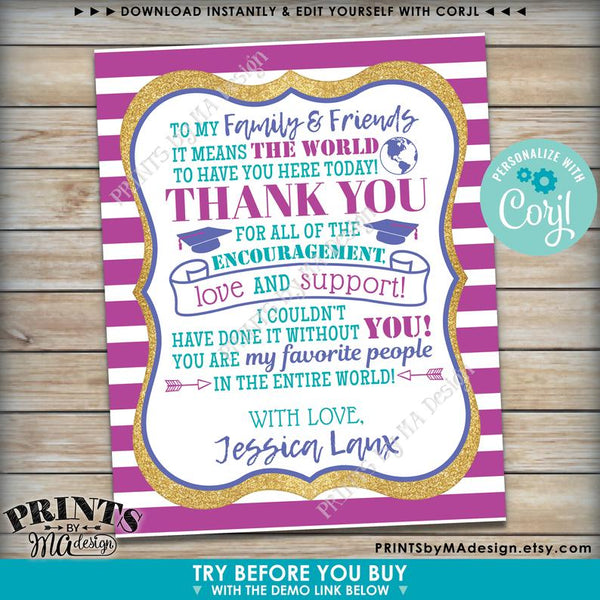 Graduation Party Thank You Sign, Thanks from the Graduate, Gold Glitter PRINTABLE 8x10/16x20" Grad Party Decoration  (Edit Yourself with Corjl) - PRINTSbyMAdesign