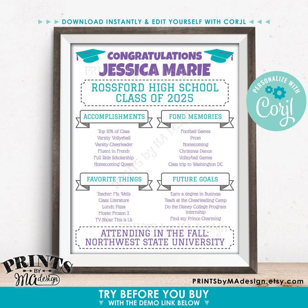 Graduation Party Sign, High School or College Graduation Party Decoration, Milestones, PRINTABLE 16x20” Sign (Edit Yourself with Corjl) - PRINTSbyMAdesign