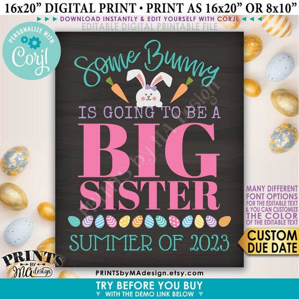 Easter Pregnancy Announcement, Some Bunny is going to be a Big Sister, Baby #2, PRINTABLE Chalkboard Style Sign (Edit Yourself with Corjl) - PRINTSbyMAdesign