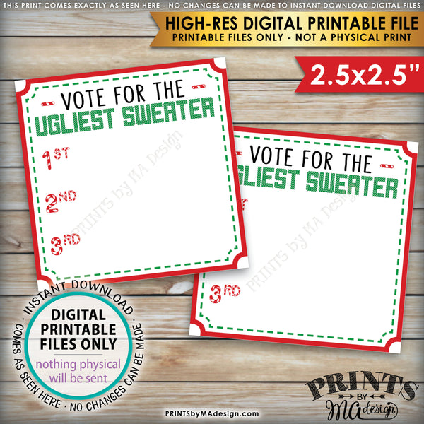 Ugly Christmas Sweater Party Voting Ballots, Vote for the Ugliest Christmas Sweater, Tacky Sweater, 1st 2nd 3rd Ballots, Instant Download PRINTABLE 8.5x11" sheet of 2.5" Ballots - PRINTSbyMAdesign