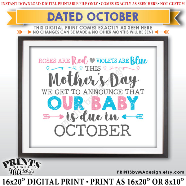 Mother's Day Pregnancy Announcement Sign, Roses are Red Violets Blue Our Baby is Due in OCTOBER Dated PRINTABLE Baby Reveal Sign <Instant Download> - PRINTSbyMAdesign