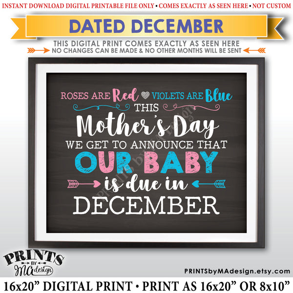 Mother's Day Pregnancy Announcement Roses are Red Violets Blue Our Baby is Due in DECEMBER Dated PRINTABLE Chalkboard Style Reveal Sign <Instant Download> - PRINTSbyMAdesign