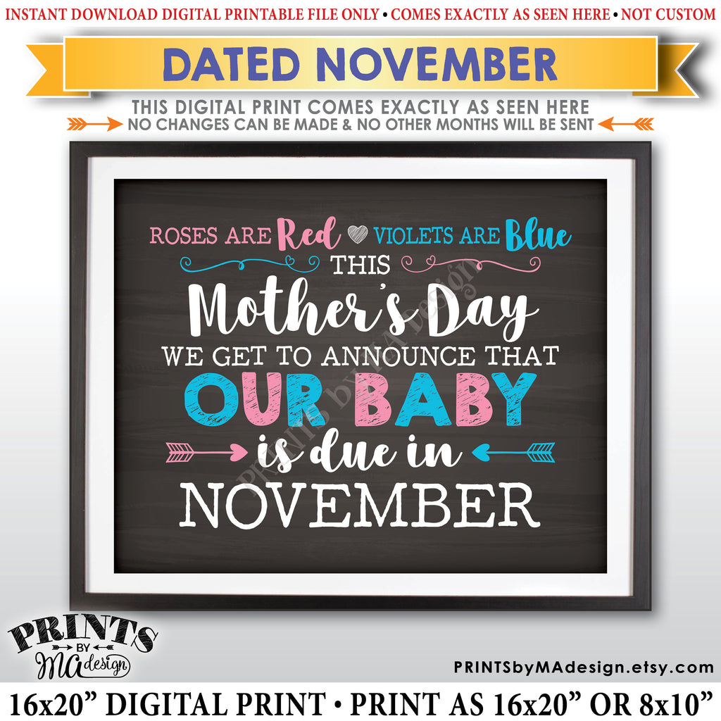 Mother's Day Pregnancy Announcement Roses are Red Violets Blue Our Baby is Due in NOVEMBER Dated PRINTABLE Chalkboard Style Reveal Sign <Instant Download> - PRINTSbyMAdesign