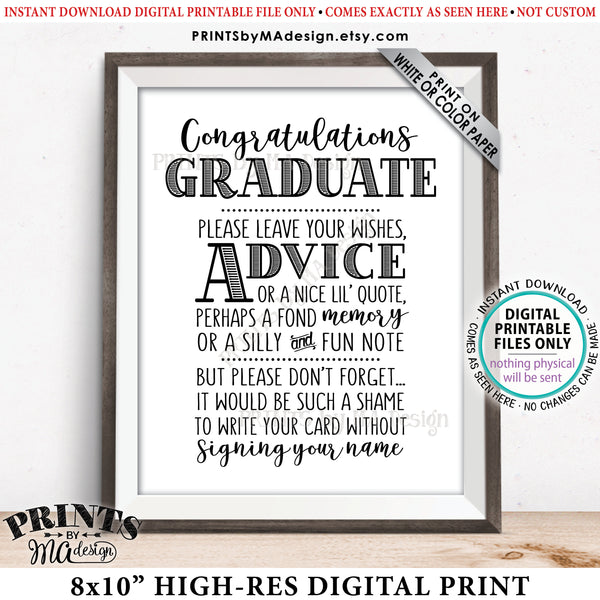 Graduation Advice Sign, Congratulations Graduate Sign, Grad Advice, Memory, Well Wish, Note, Graduation Party, PRINTABLE 8x10” Sign<Instant Download> - PRINTSbyMAdesign