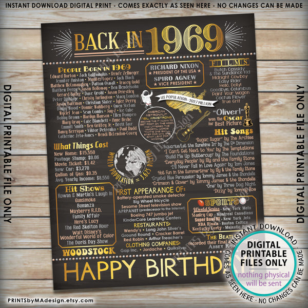 1969 Birthday Flashback Poster, Back in 1969, Years Ago, Birthday Gift, Decorations, PRINTABLE 8x10/16x20” Chalkboard Style B-day Sign, Instant Download 8x10/16x20” Chalkboard Style Printable Poster - PRINTSbyMAdesign