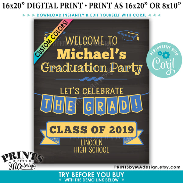 Welcome to the Graduation Party Sign, Graduation Party Decorations, PRINTABLE 8x10/16x20” Chalkboard Style Sign (Edit Yourself with Corjl) - PRINTSbyMAdesign