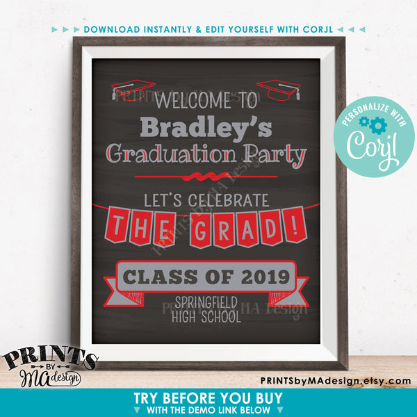 Welcome to the Graduation Party Sign, Graduation Party Decorations, PRINTABLE 8x10/16x20” Chalkboard Style Sign (Edit Yourself with Corjl) - PRINTSbyMAdesign