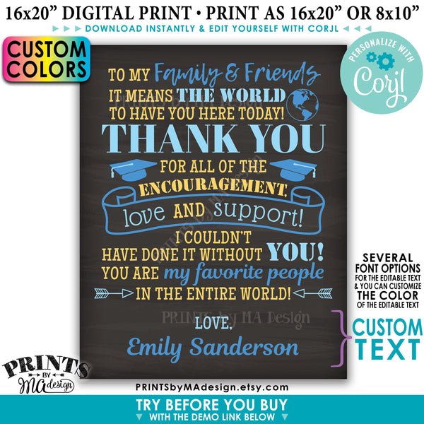 Graduation Party Thank You Sign, Thanks from the Graduate Poster, Editable PRINTABLE Chalkboard Style Grad Decoration (Edit Yourself with Corjl) - PRINTSbyMAdesign